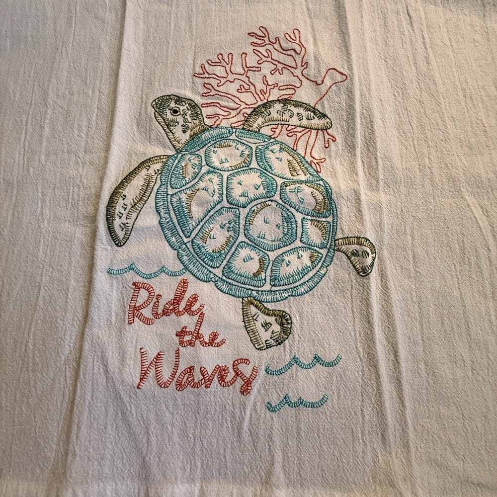 Ride the Waves Sea Turtle in Coral Embroidered Flour Sack Kitchen Dish Towel - Picture 8 of 8